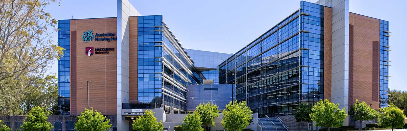 Outside view of the Australian Hearing Hub, where the Macquarie University School of Psychological Sciences is located. 
