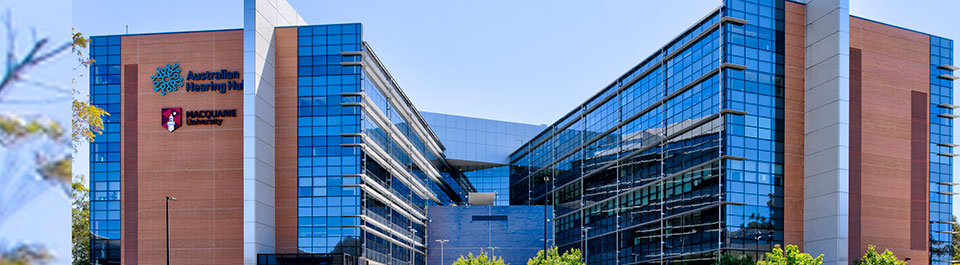 Outside view of the Australian Hearing Hub, where the Macquarie University School of Psychological Sciences is located. 