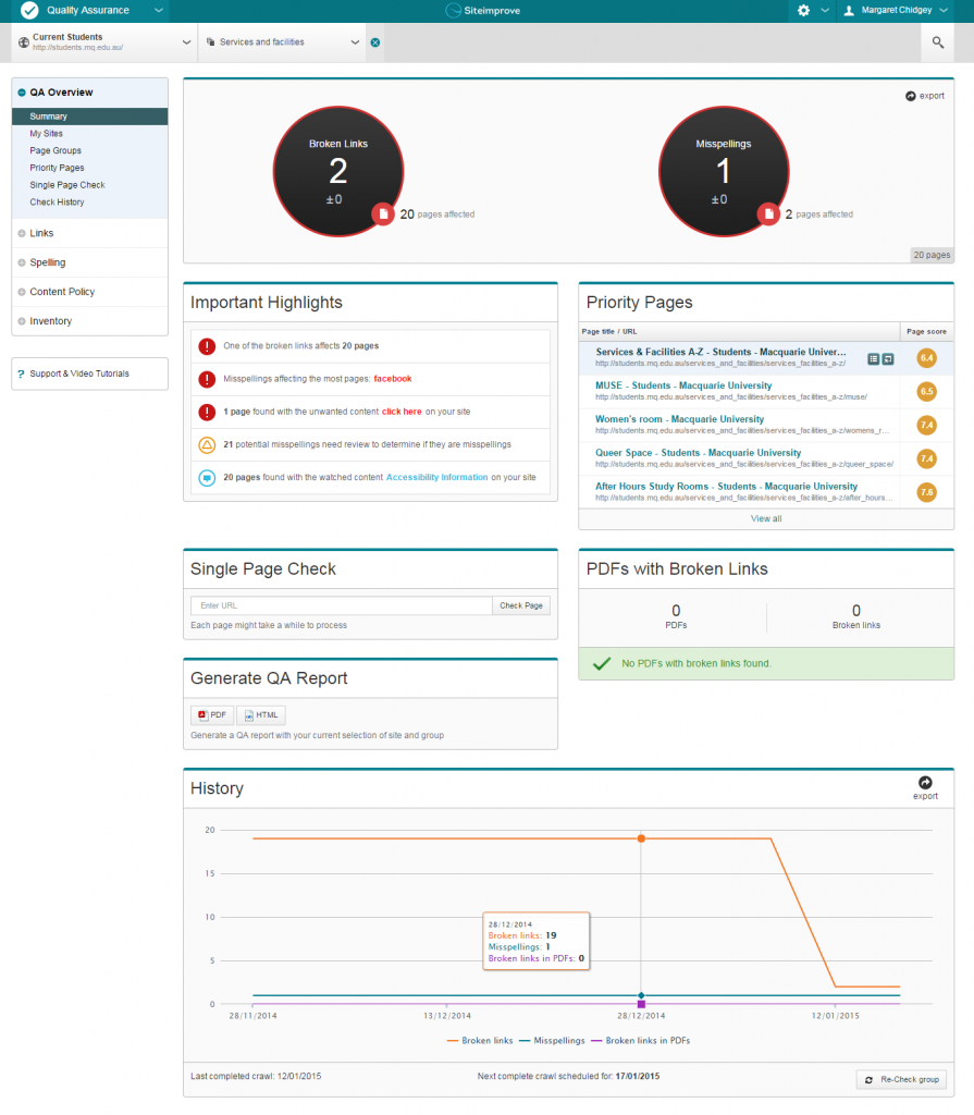  The SiteImprove QA overview window