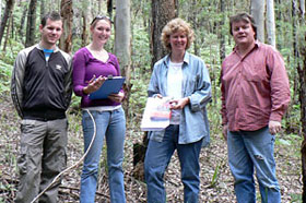 Third year students Harold Fragner and Lisa Westaway with Dr Michelle Leishman of Macquarie University and Dr Ross Peacock of Department of Environment and Climate Change. Photograph by Ray Duell, Department of Biological Sciences.