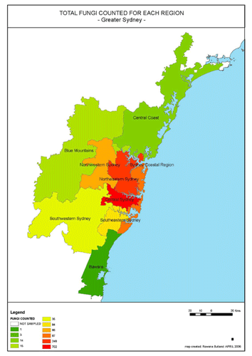 Map of fungi samples taken across Sydney metropolitan area