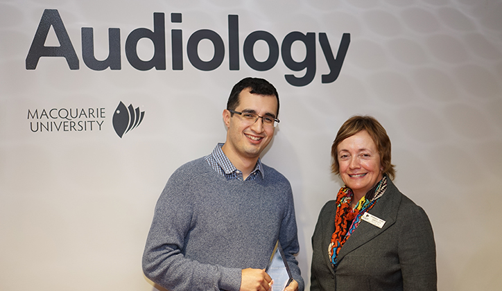  Phil Nakad, Audiology Clinical Manager with Professor Janet Greeley, Executive Dean, Faculty of Human Sciences with the Gold Partner Award.