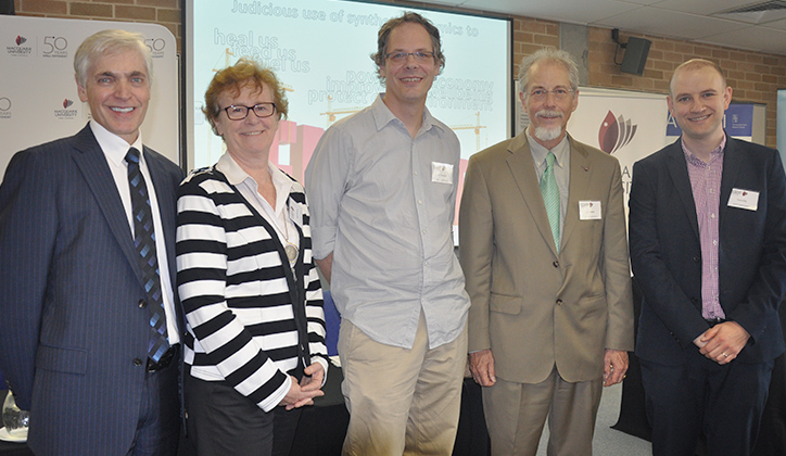  [L-R] Professor Sakkie Pretorius, Professor Nicki Packer and Professor Ian Paulsen (Macquarie), Professor Jef Boeke (NYU)  and Dr Tom Ellis (Imperial College, London)