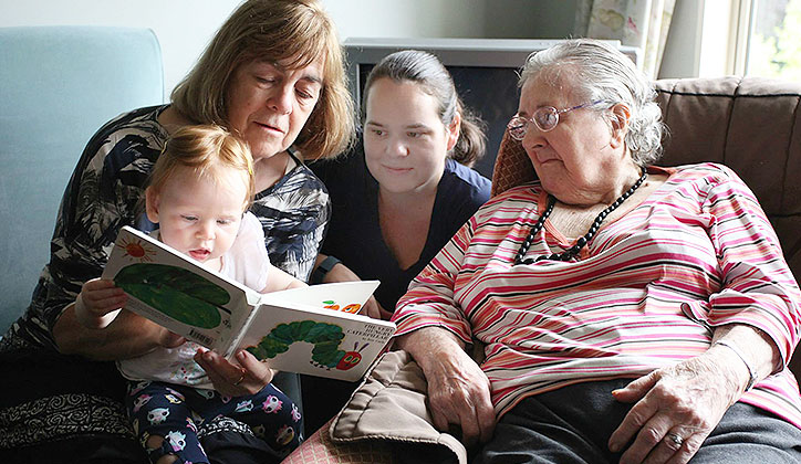  [Centre] Dr Celia Harris, sharing stories across four generations. Photo: Sophia Harris.