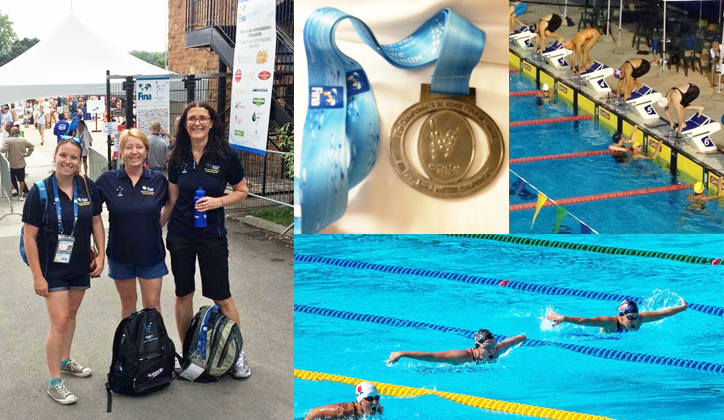  [L-R] Centre, Sandra Rogers, her 800m freestyle medal, and preparing to dive (white cap). [Bottom] Centre, competing during the 200m butterfly event.