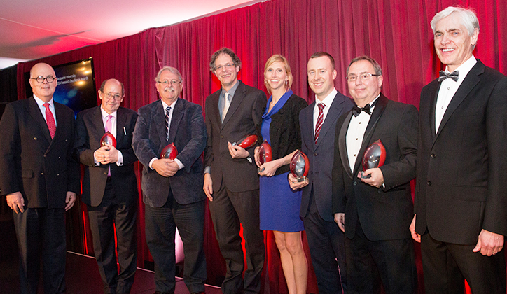  [L-R] Vice-Chancellor Professor S Bruce Dowton, Professor David Christian, Dr David Gray, Professor Ian Paulsen, Dr Elizabeth Madin, Dr Blake Dear, Professor Quentin Andrew Parker and Deputy Vice-Chancellor (Research) Professor Sakkie Pretorius. Photo: Chris Stacey.