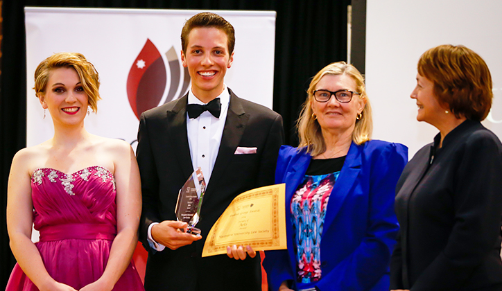  [L-R] Students Sydney Abba and Alistair Booth, Faculty of Business and Economics Associate Dean (Learning and Teaching) Professor Leigh Wood, and Executive Dean of Human Sciences Professor Janet Greeley. Photo: James Manning.