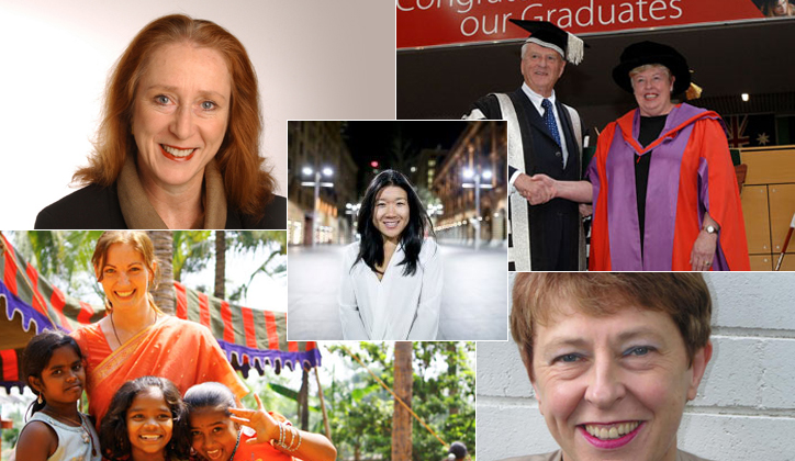  [Top] Professor Rosalind Croucher and Christine Nixon. [Bottom] Jennifer Star and Professor Emerita Ann Henderson-Sellers. [Centre] Stephanie Lorenzo.