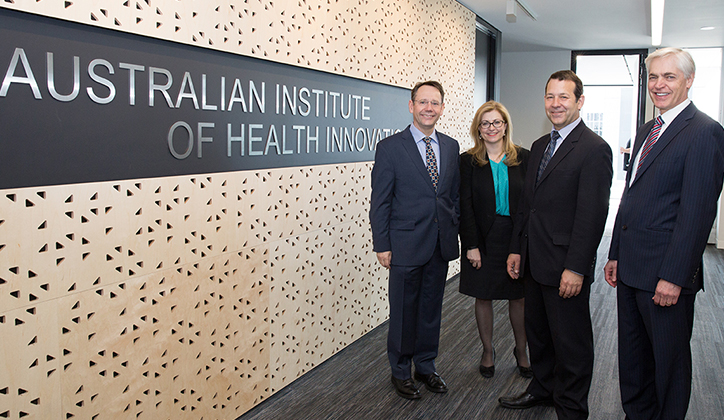  Australian Institute of Health Innovation Professors Jeffrey Braithwaite, Johanna Westbrook and Enrico Coiera are welcomed by Deputy Vice-Chancellor (Research) Professor Sakkie Pretorius.