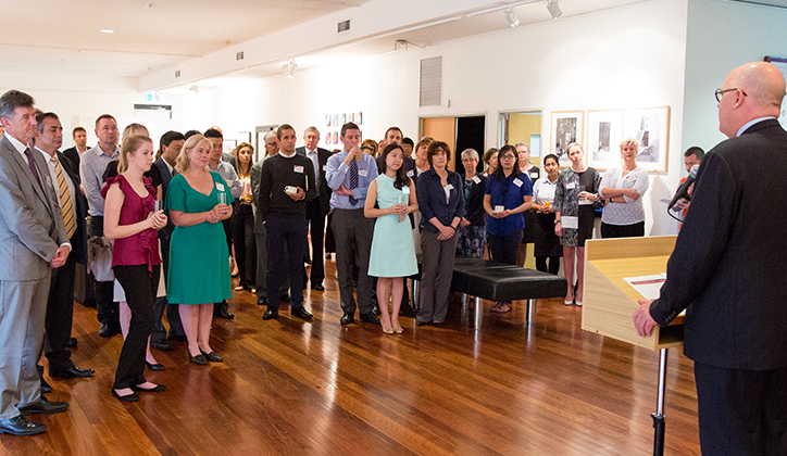  Vice-Chancellor Professor S Bruce Dowton welcoming new staff at the first Executive group morning tea. Photo: Chris Stacey.