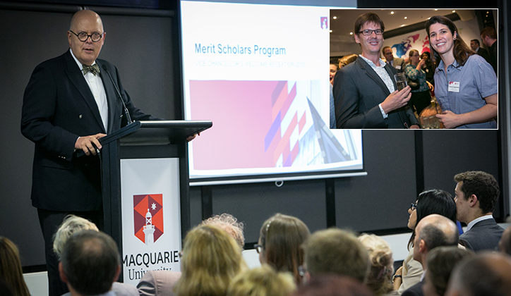  Vice-Chancellor Professor S Bruce Dowton congratulates the newest members of the Merit Scholars Program. [Inset] Associate Dean, Learning and Teaching, Faculty of Human Sciences Dr Mitch Parsell with Merit Scholar Natalie Papaellinas..