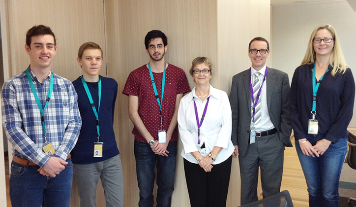  [L-R] Cadets Tristan Curry, Ryan Farrell and Brayden Vigerzi with Margaret Hudson, Professor Iain Collings (Head of Department, Engineering) and Erika Schuetze.