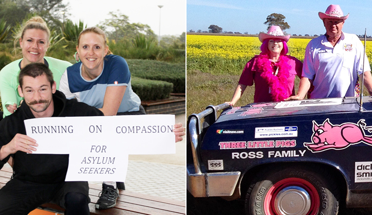  [Left] Associate Professor Anina Rich, top right, with ‘Running on Compassion’ teammates. [Right] Pretty in pink, Sallymae Bailey with her fellow teammate and their ’66 Holden HR, Hamlet.