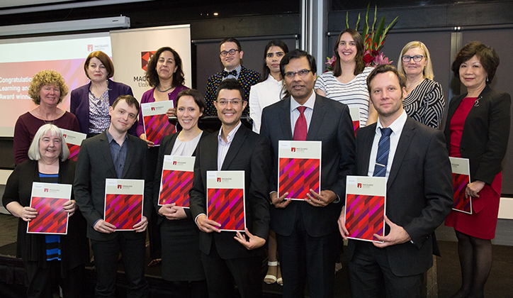  [Back row L-R] Professor Michelle Leishman accepting on behalf of Associate Professor Melanie Bishop, Deputy Chancellor Elizabeth Crouch, Professor Lori Lockyer accepting on behalf of Dr Neil Harrison, Nicholas McGuigan, Shaheen Hajira, Victoria Taylor, Professor Leigh Wood and Professor Philomena Leung. [Front row L-R] Professor Julie Fitness accepting on behalf of Associate Professor Kevin Brooks, Dr Rowan Tulloch, Dr Yvonne Breyer, Dr Mauricio Marrone, Dr Rahat Munir and Dr Erik Lundmark. Photo: Chris Stacey.