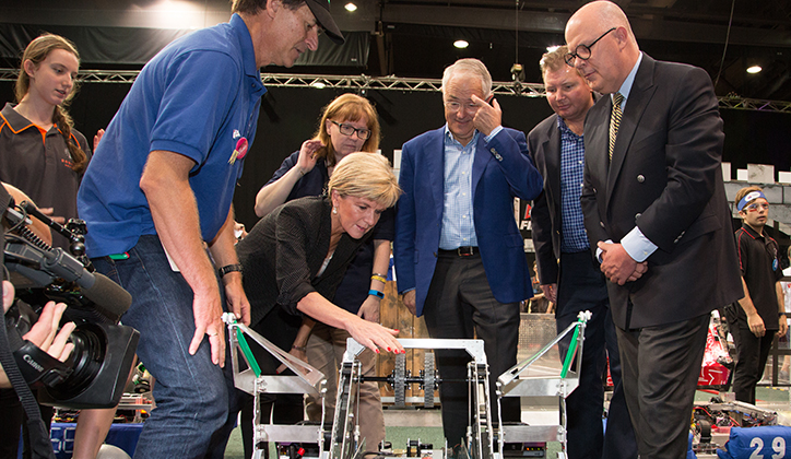  FIRST Australia Director Luan Heimlich, Foreign Minister The Hon Julie Bishop, Prime Minister the Hon Malcolm Turnbull,  Member for Reid The Hon Craig Laundy MP, and Vice-Chancellor Professor S. Bruce Dowton, with participants at the FIRST robotics competition.
